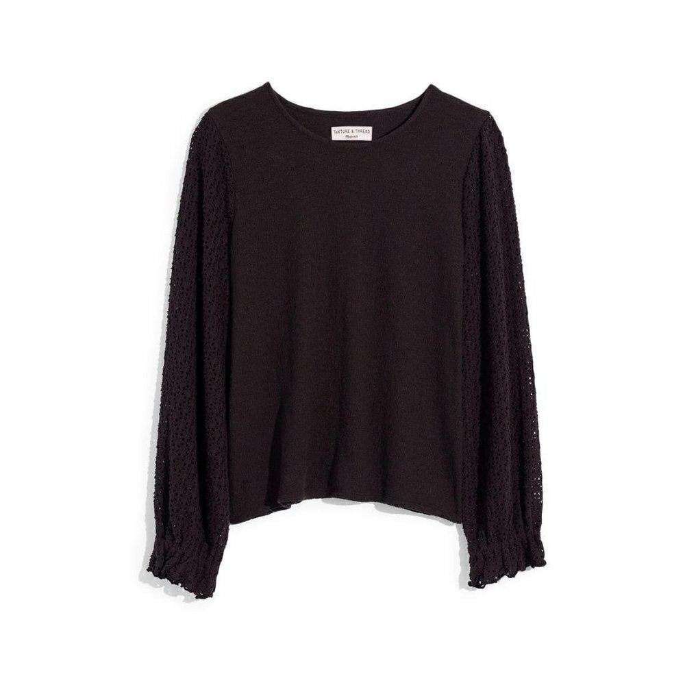 Madewell Texture & Thread Eyelet Black Top XX-small New Long Sleeve